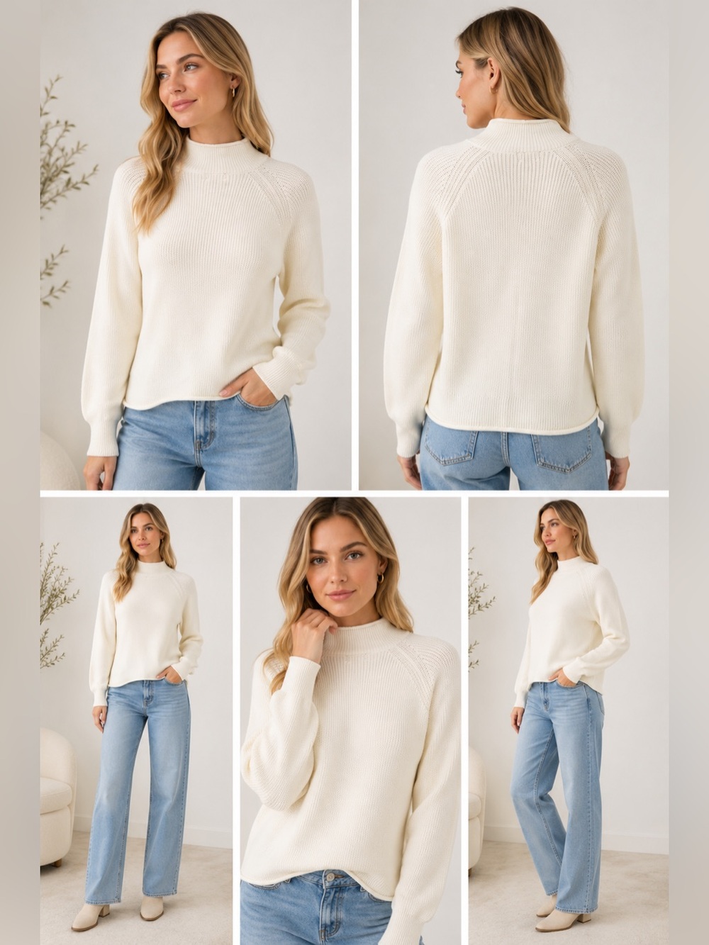 NWT Caslon Ivory Ribbed Mock Neck Sweater Size L Cotton Blend